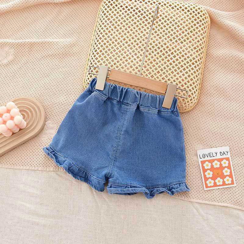 New Kids Baby Summer Cool Cute Ruffle Denim Clothing Shorts Pants Fashion Children Girls Casual Soft Short Jeans Trousers W241227