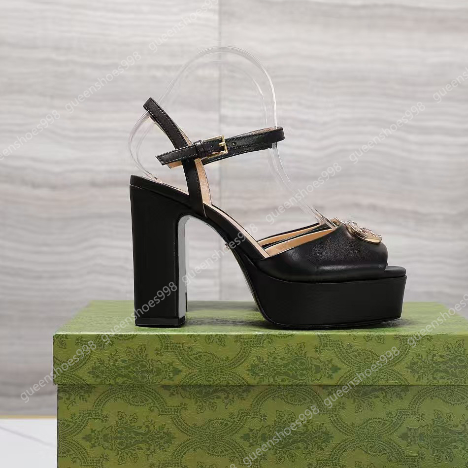 The Best Platform Heel Sandals Leather Luxury Designer Shoes Women Casual Ankle Buckle Water Diamond Metal Buckle Decoration 13cm High Heels Party Sandal