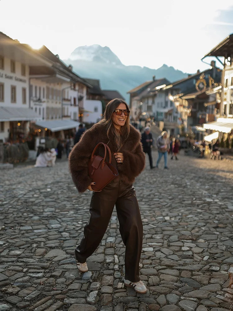 TRAF Womens Fashion Concealed Button n Loose Jacket Autumn and Winter Faux Fur Effect Short Coat Tops 241223