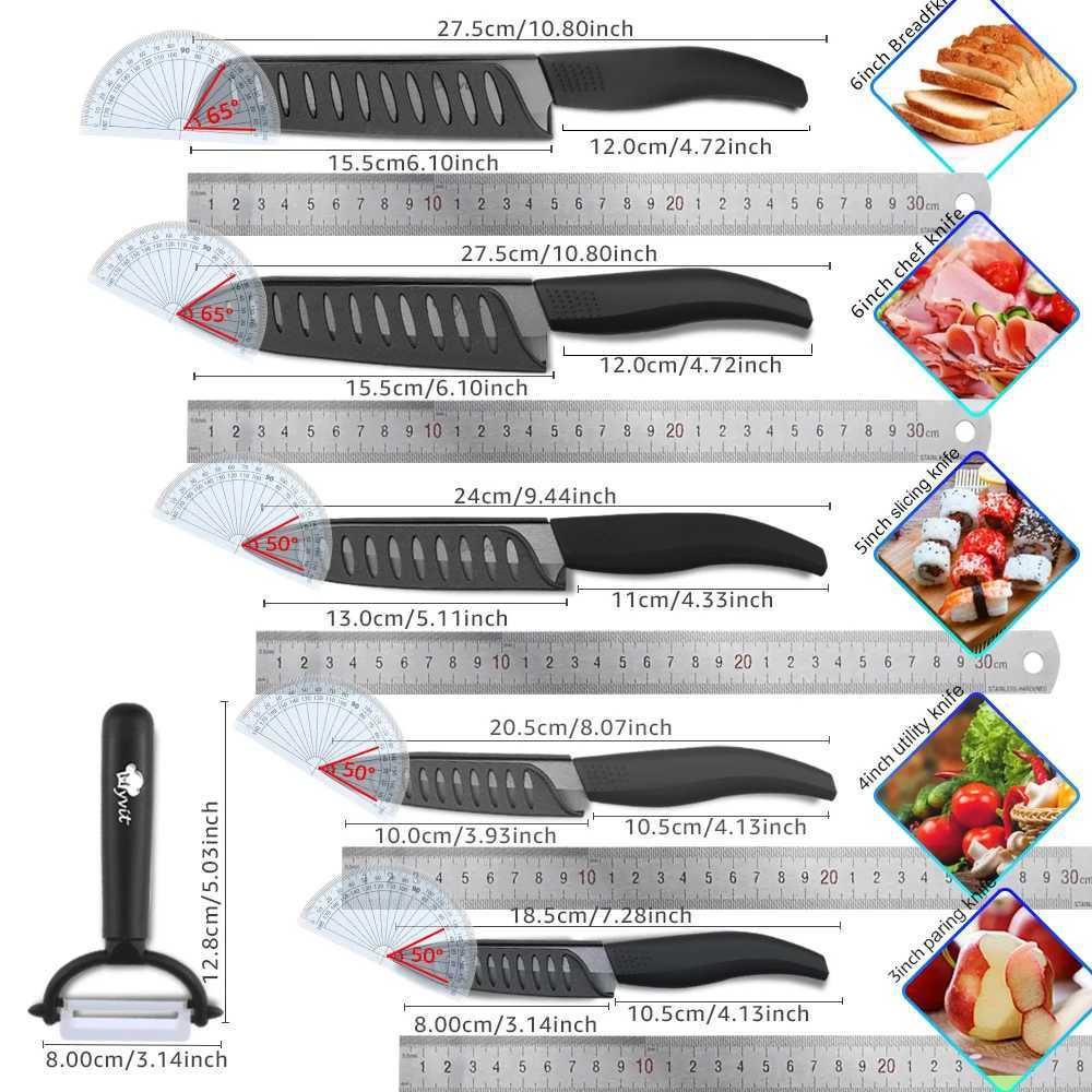 Ceramic Knife cooking set 3 4 5 inch+6 inch Serrated Bread Knife+Peeler Zirconia Black Blade Fruit Cooking Kitchen Knives Y241227