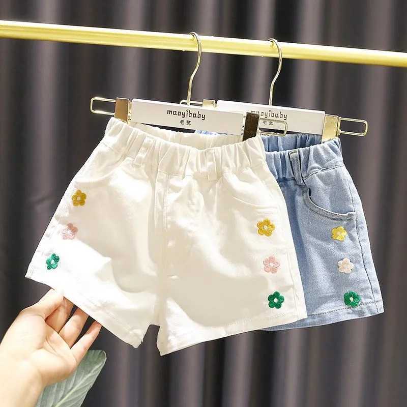Girls Denim Shorts Summer Flowers Embroidery Elastic Waist Short Pants Children Solid Color Casual Jean Shorts 2-12Y W241227