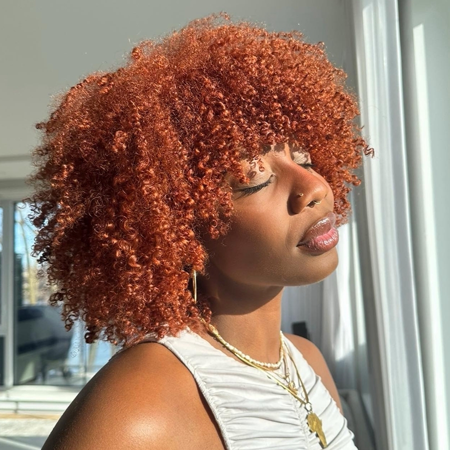 Orange Ginger Short Kinky With Bang Afro Curly Human Hair No Lace Wigs With Bangs Honey Blonde Wig For Women
