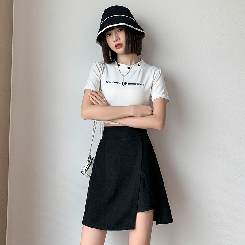 L46279 Large size black a-line high waist slit skirt summer 2024 new short skirt irregular skirt female