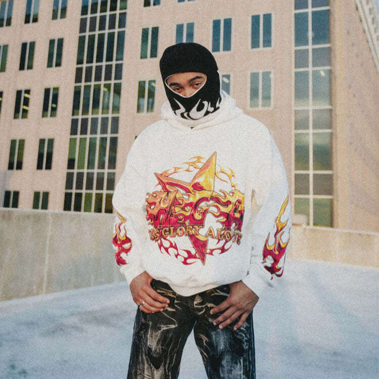 American fashion trend new flame print hip-hop loose fitting men's and women's couple hoodie