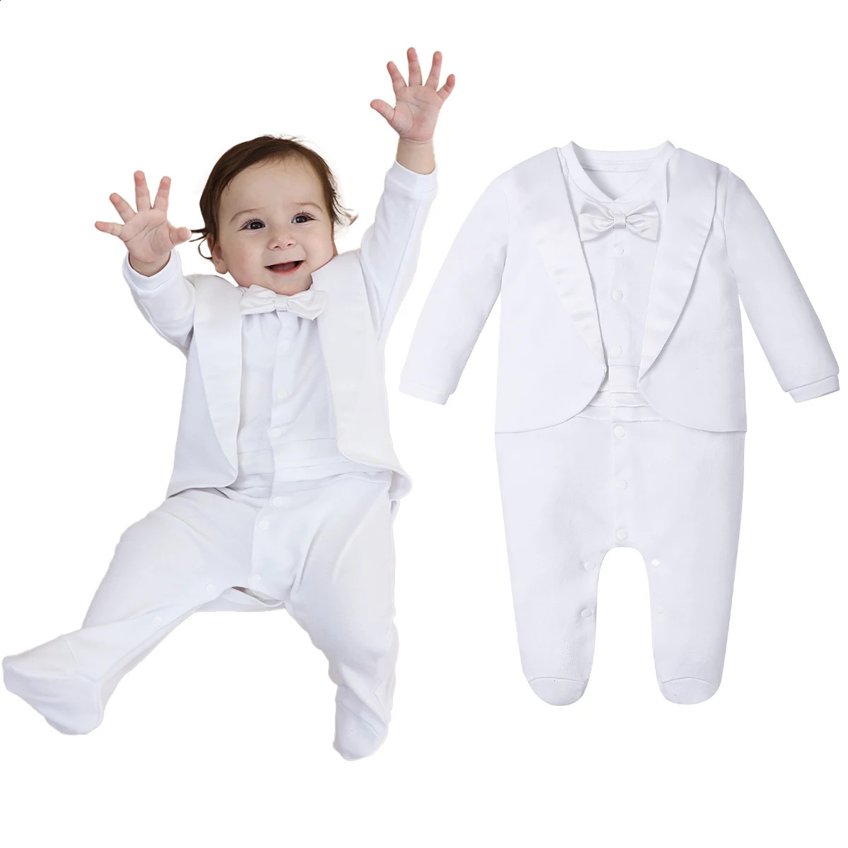 Baby Baptism Outfit Boy Infant Elegant Chic Tuxedo Gentleman Wedding Formal Footie White One Piece Suit born To 9 Months 241226