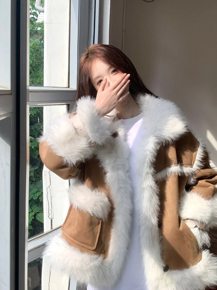 Fashion Fur Lamb Fleece Thickened Furs Collar Coat Women Winter Clothes Pink Warm Jacket Clothing 241223