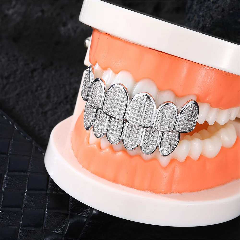 D Z d Out Cubic Zircon Teeth Grillz Set For Men Women Top Bottom Stone Brass Material Hip Hop Cosply Dentist Decor W241227