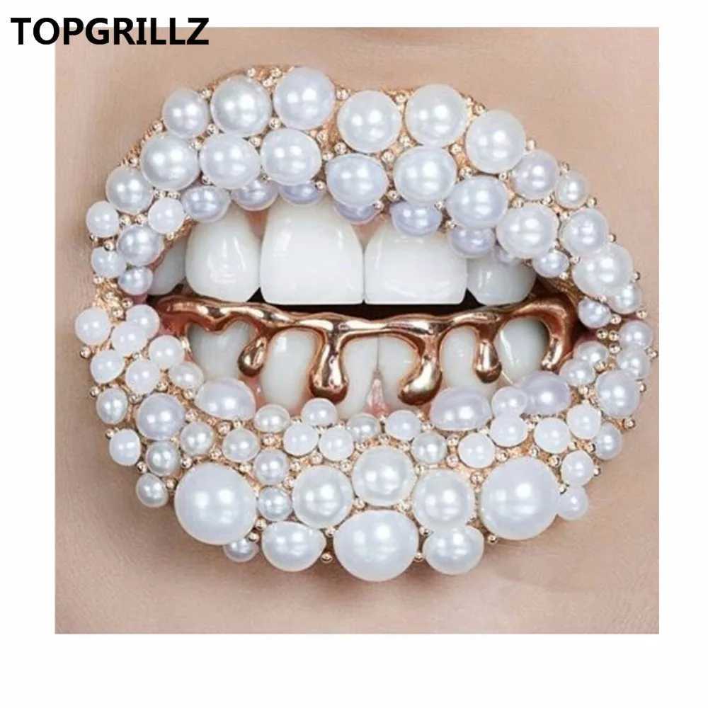 TOPGRILLZ Fit Light Yellow Gold Rose Plated Hip Hop Tooth Drop Grill CS Bottom Grill Silver Grill W241227