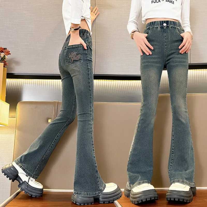 Girls Fashion Jeans New Apron Childrens Retro Tight Denim Shining Pants 2024 Spring/Summer Youth Slim Trouser W241227