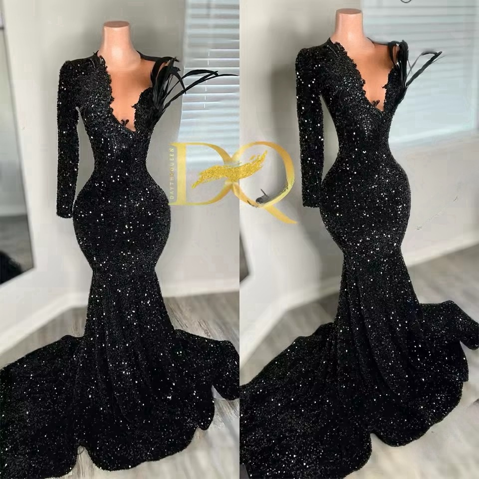 O Neck Long Prom Gowns For Black Girls 2025 Beaded Appliques Sequined Birthday Party Dresses Feathers Evening Dress Customized