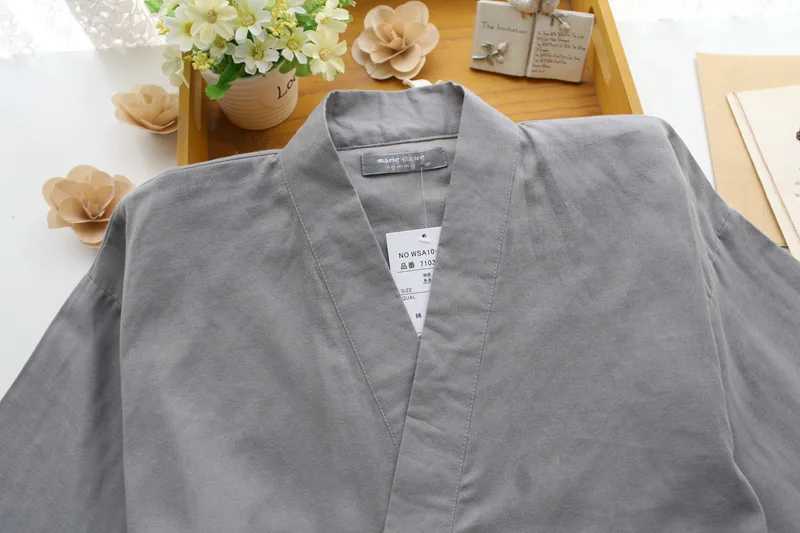 2024 Japanese kimono mens spring and summer pajamas two-piece 100% cotton solid color simple large size home service set mensXJ241227