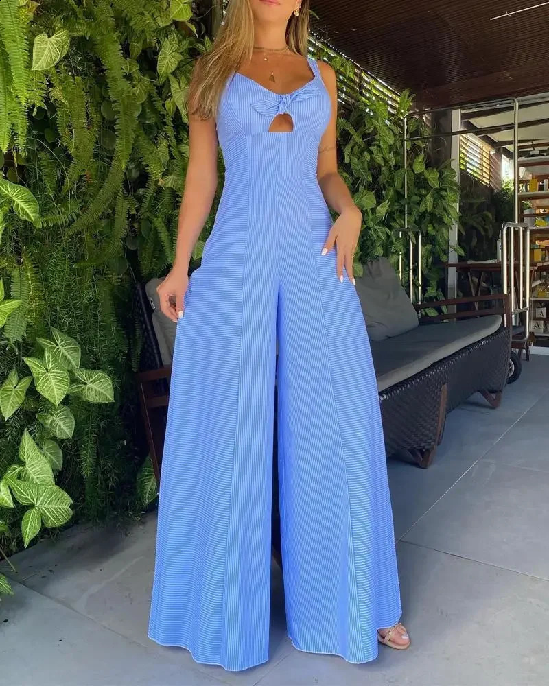 Striped Print Sleeveless Wide Leg Jumpsuit Women Loose Pants Overall Jumpsuits High Waist Spring Summer 241224Z