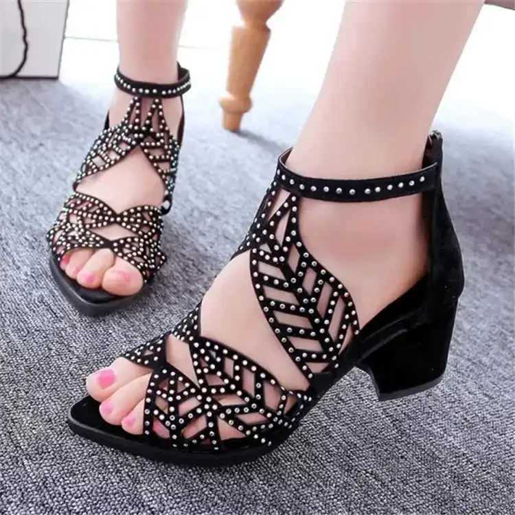 High Quality Sandals Women Summer Hollow Out Zipper Open Toe Thick Heel Sandals Casual Gladiator Shoes Platform Diamond Sandals T241227