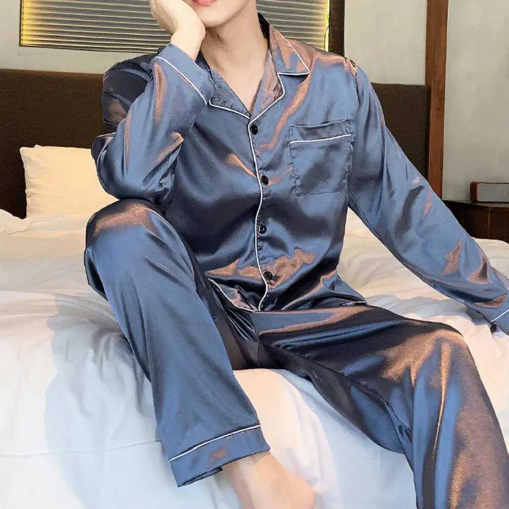 2Pcs/Set Men Summer Pajama Set Lapel Long Sleeve Shirt Elastic Waist Pockets Wide Leg Pants Set Solid Color Single Breasted SleeXJ241227