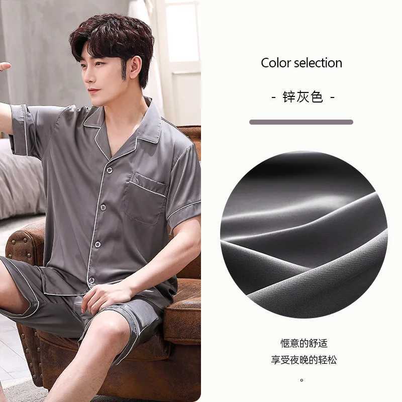 Summer Mens Pajamas Suit Short Sleeve Ice Silk Sleepwear Set Thin Loose Satin Solid Two Piece Home Night Clothing Male TeenXJ241227