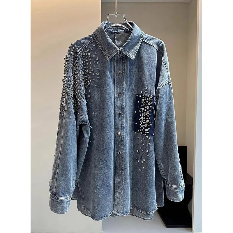 High Street Heavy Industry Rhinestone Blue Denim Jacket Shirt Loose Casual Jean Jacket Spring Autumn Womens Clothing 241223