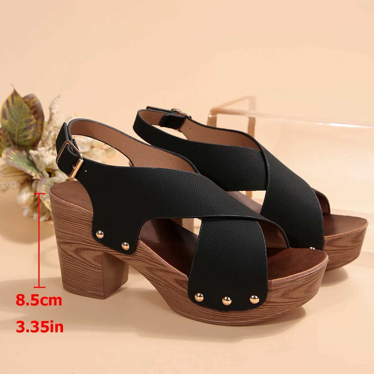 High Quality New Womens Sandal Platform Heeled Shoes Brown Slingback Shoes Peep Toe Chunky Heel Studded Platform Sandals T241227