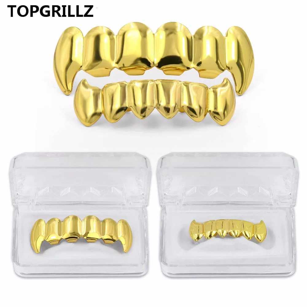 TOPGRILLZ Gold Silver Plated HIP HOP Teeth Grillz Top Bottom Grills Set With sile Real Shiny Vampire Tooth Sets W241227