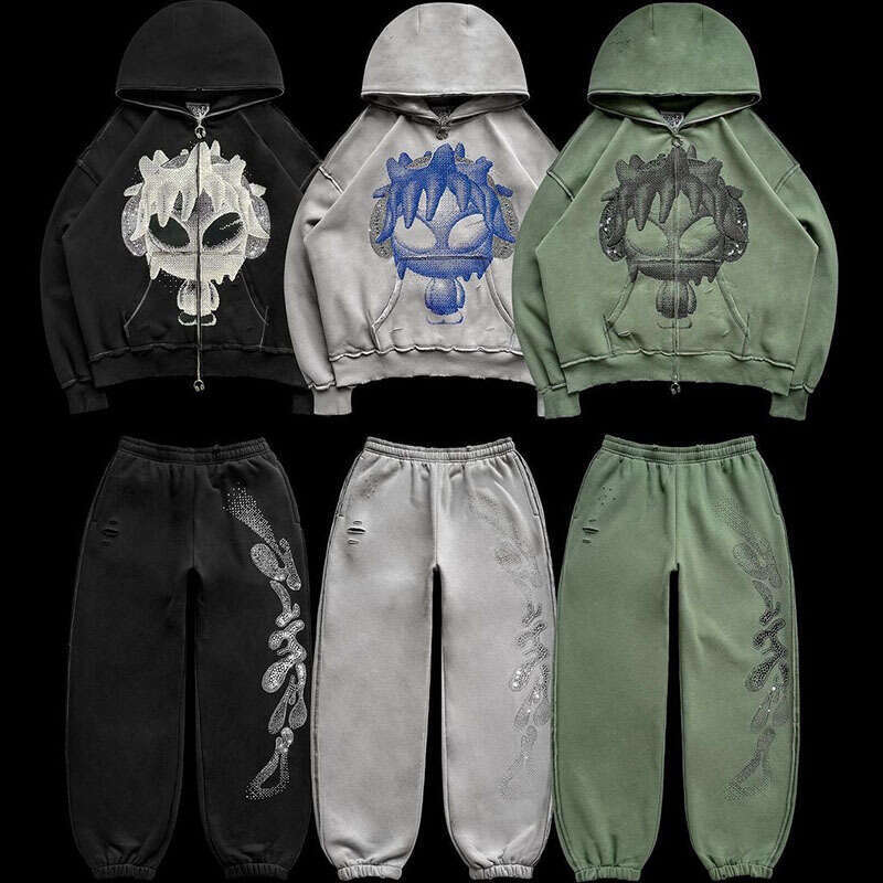 Male female street printed hooded cardigan with zipper loose fit sweatshirt pants Y2K autumn and winter