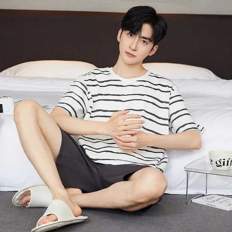 3XL Plus Size Summer Mens Cotton Pajama Set Korean Style Short Sleeve Shorts Loose-fit Casual Homewear Soft Comfort SleepwearXJ241227