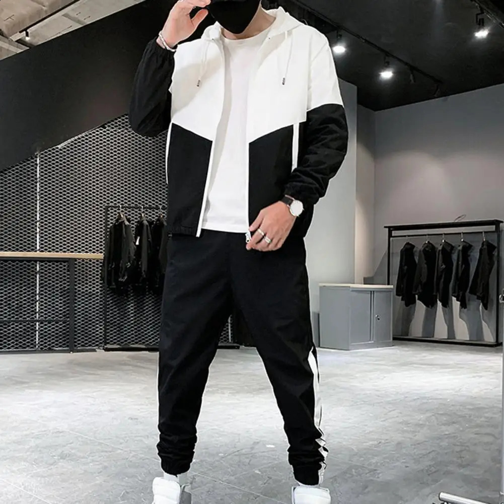 Men Coat Pants Set Men Jacket Trousers Set Colorful Mens Sportswear Set with Hooded Zipper Coat Elastic Waist for Spring 241225