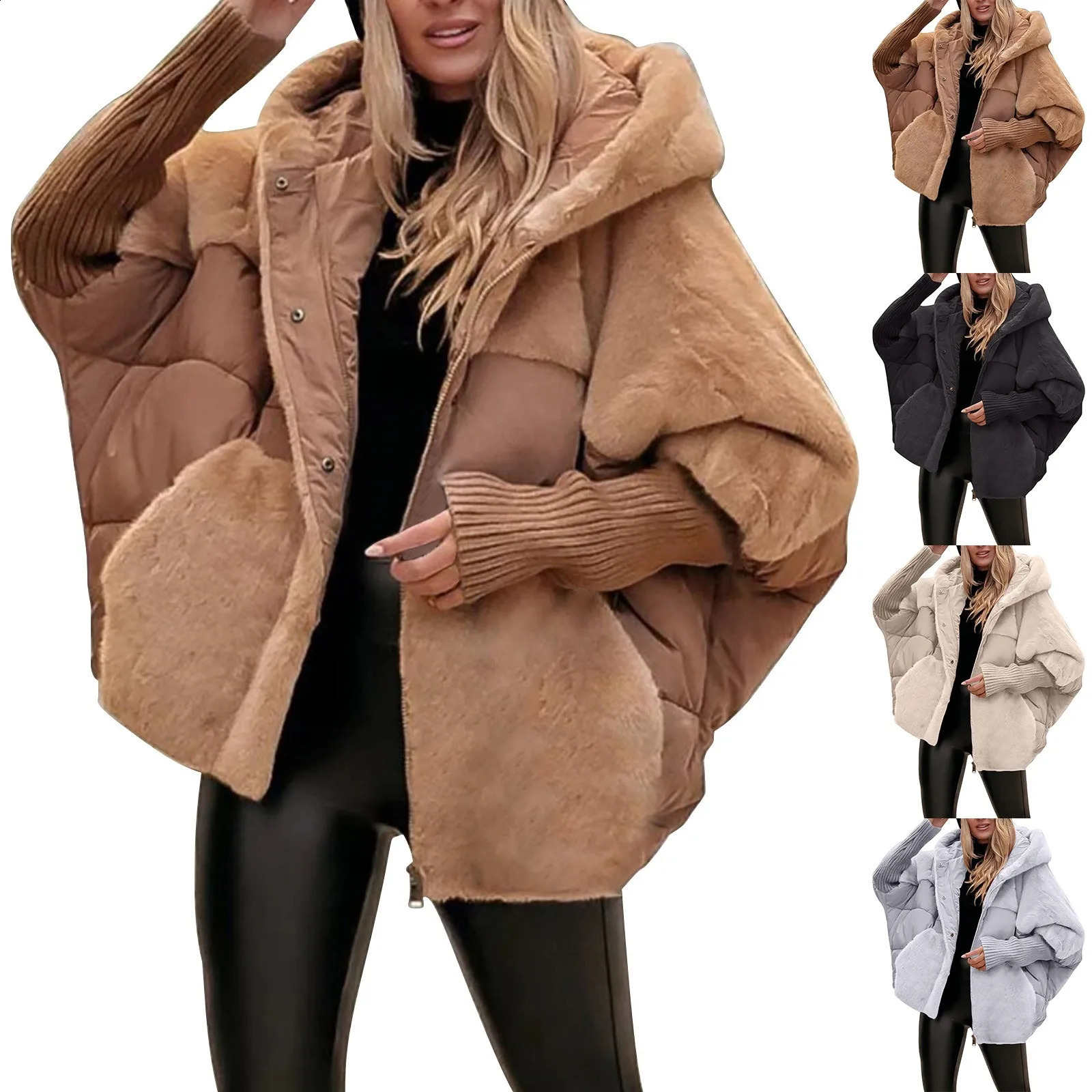 Womens Loose Cotton Coat Faux Fur Patchwork Winter Comfort Chic Long Sleeve Hooded Jacket Female Outwear Overcoat 241223