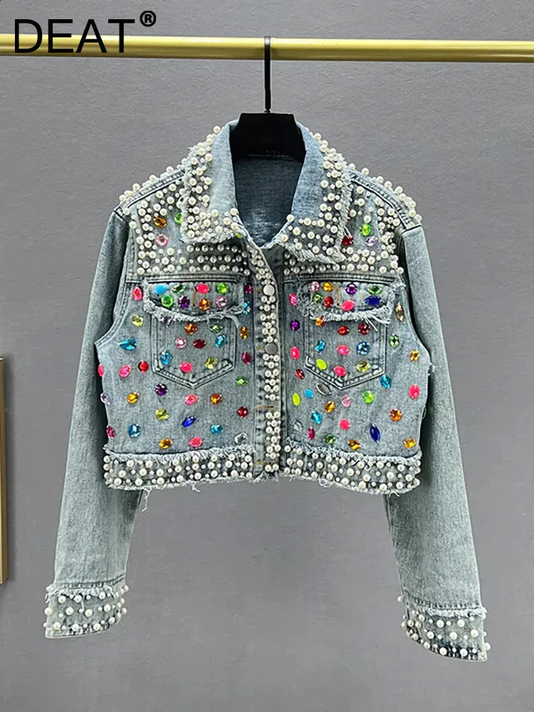 DEAT Womens Denim Coat Full Pearls Colored Beaded Crystal Long Sleeve Cool Burrs Female Jackets 2025 Spring Fashion 29L4067 241223