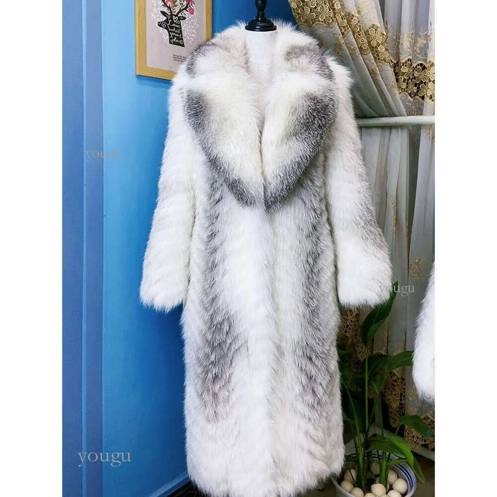 ANNSIRGRA 100% Genuine Fox Fur Jacket x-long Real Fox Fur Coat with Large Turn-down Fox Fur Collar Warm Stylish Fashion Overcoat