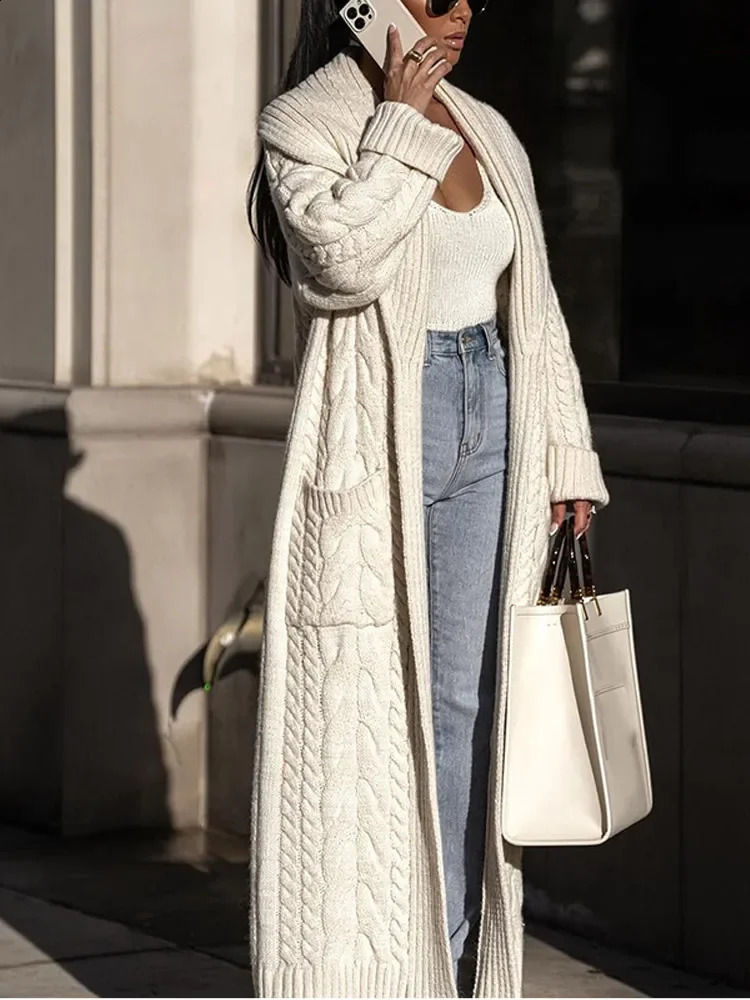 Fall Winter Women Solid Knitted Long Cardigan Fashion Large Lapel Full Sleeve Female Pockets Sweater Lady Commuting Outwears 241225