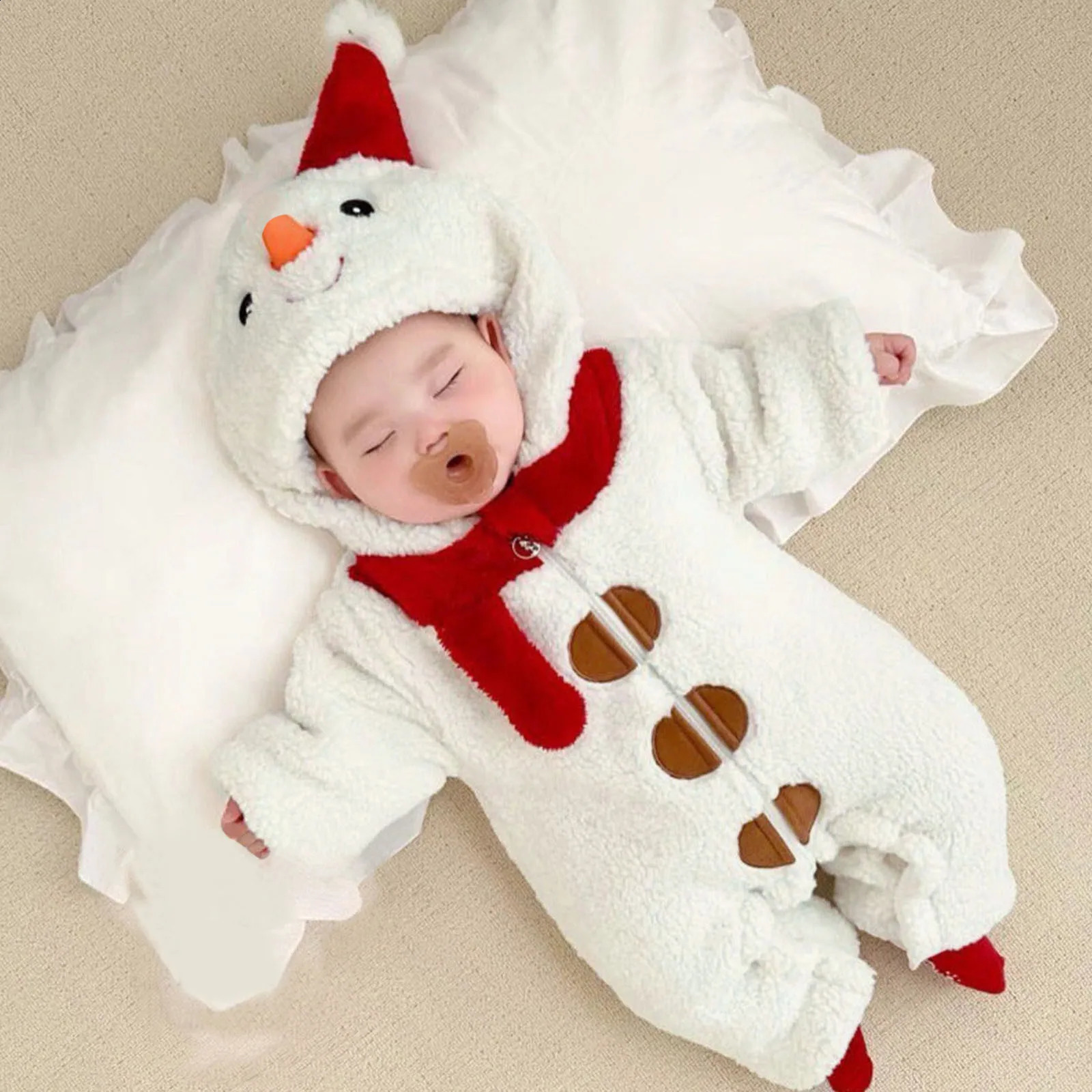 Infant Boys Girls Christmas Costumes Fleece Thick Long Sleeve Romper Cartoon Snowman Cosplay Hooded Jumpsuits For 3 6 12 Months 241226