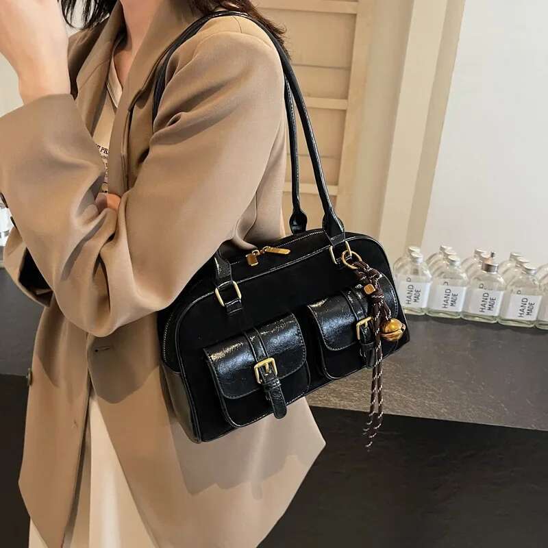 Women's Bags Double Pockets Small PU Leather Underarm Bags For Women Winter Y2k Fashion Shoulder Handbags Females Tote Bag Momei