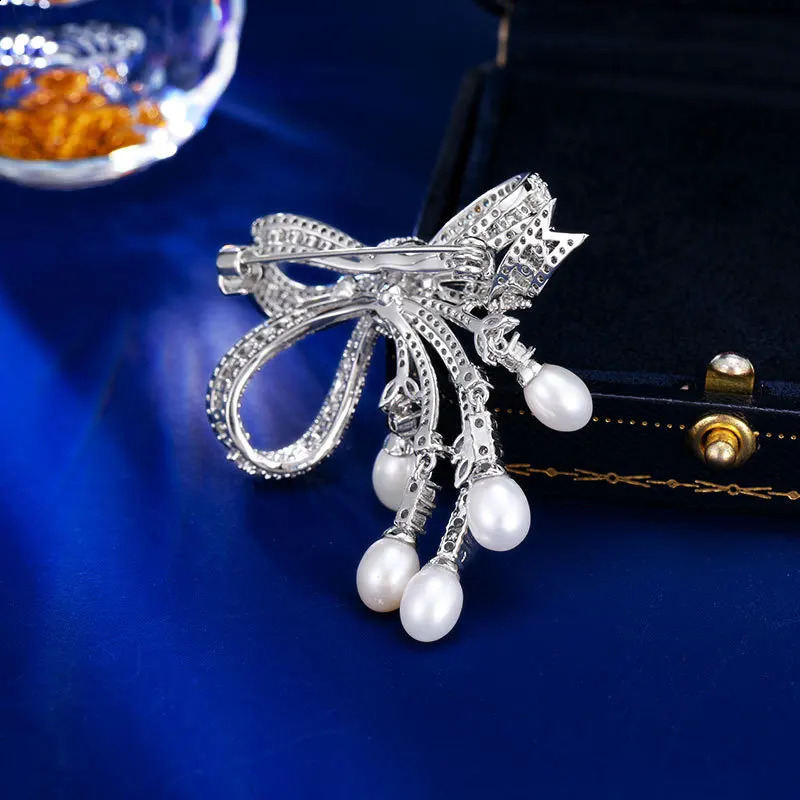 OKILY Freshwater Pearl Bow Brooches Deliicate Zircon Bowknot Corsage for Womens Broche Decorativo De Ropa Accessories 241227