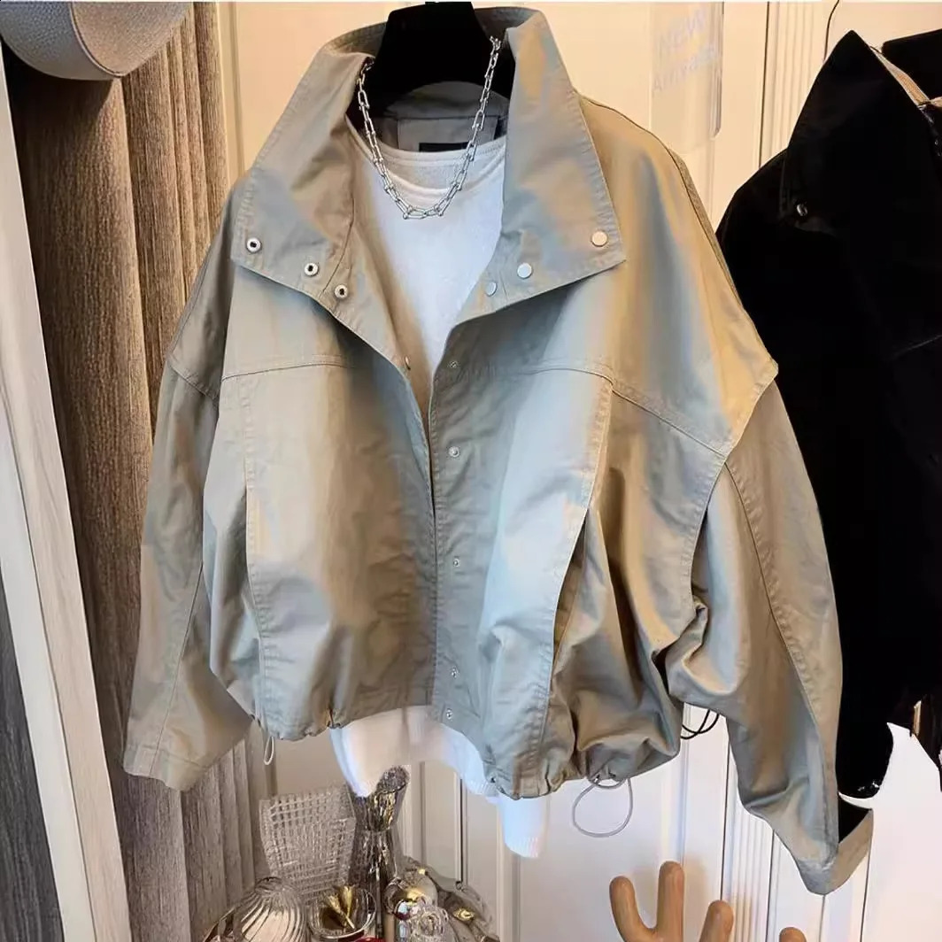 Korean Short Windbreaker Coat Womens Spring Autumn Elegant Casual Loose Long Sleeve Solid Jacket Women Tops 241226