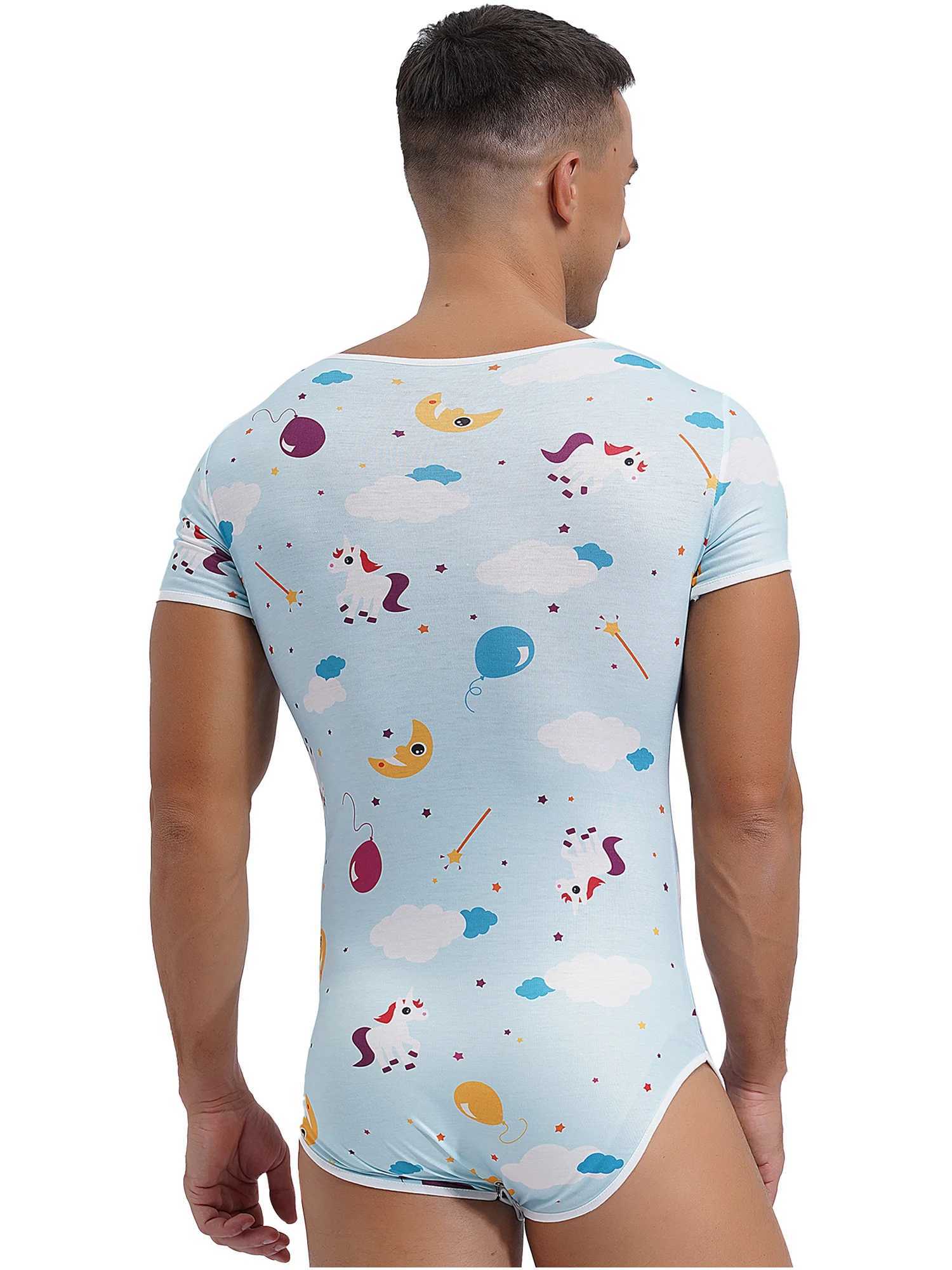 Sexy Mens Short Sleeve Buttoned Crotch Diaper Rompers Pajama Cute Cartoon Print Sissy Bodysuit Sleepwear Swimwear Bathing SuitXJ241227