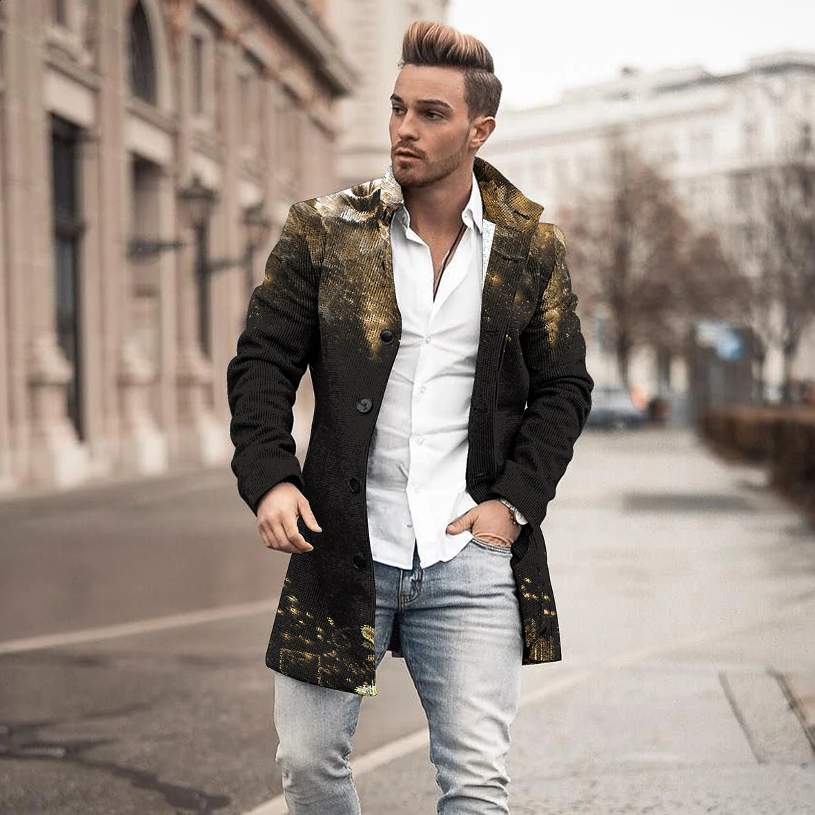 2023 Longfengni 3D Printing Mid Length Coat Pocket Fashion Casual European and American Autumn Winter Mens Jacket S5XL 241220