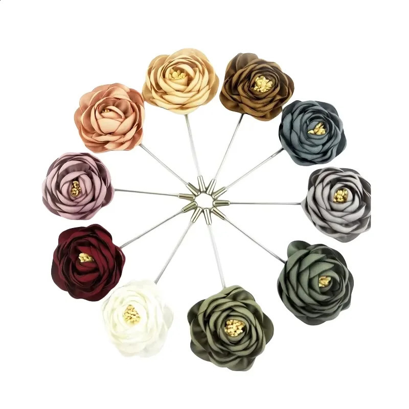 BoYuTe 10 Pieces/Lot High Quality Handmade Fabric Flower Rose Lapel Pin Brooch Men Classic Wedding Boutonniere 16 Solid Colors 241227