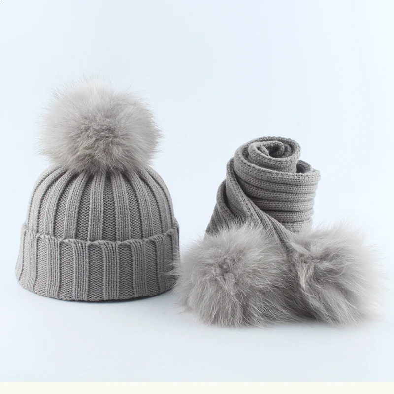 Baby Winter Hat And Scarf For Girls Boys Children Real Fox Fur Pompom Knitting Beanie Hats Kids 3 pieces Pom Hat 241227