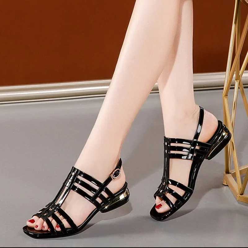 High Quality Comemore Low Heel Sandals Women Patent Leather Hollow Out Summer Womens Shoes New Soft Sole Fashion Ladies Roman Sandals 40 T241227