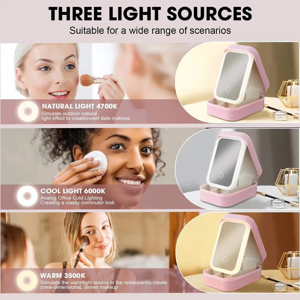 Travel Makeup Mirror with Light Smart Touch 3 Colors Dimmable Rechargeable Lighted Makeup Mirror With Travel Makeup Bag Gift 241223
