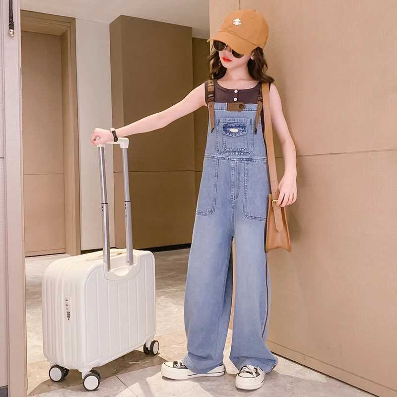 Little girls jeans cover a slim homeless person aged 4-14 summer sleeveless T-shirt vest and pants fashion set W241227