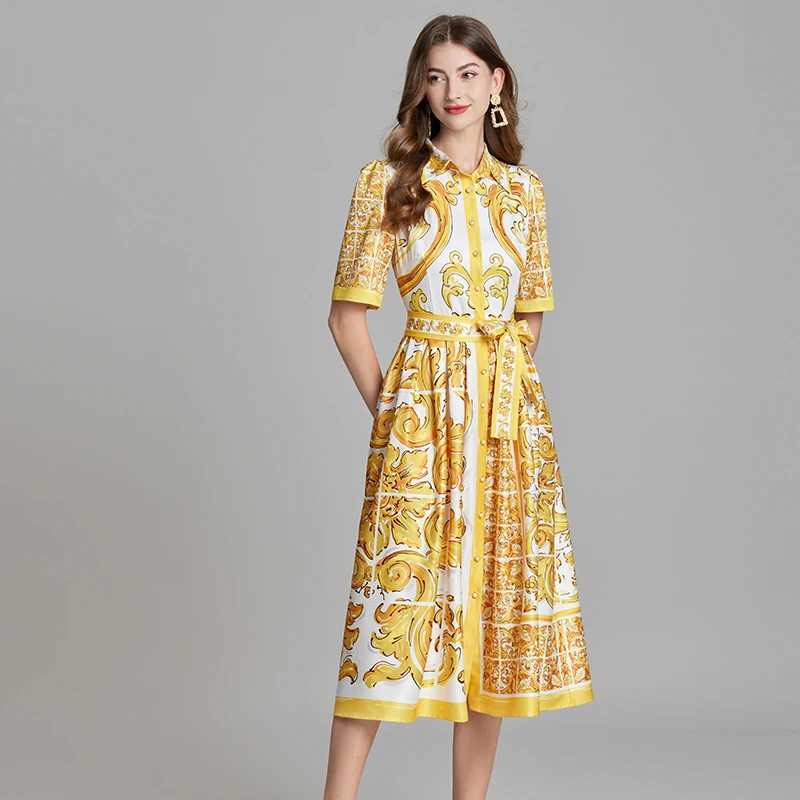 New Summer Fashion Yellow and White Porcelain Printed Shirt for Women Flip Collar Single Chest Lace Holiday Midi Clothing X241226