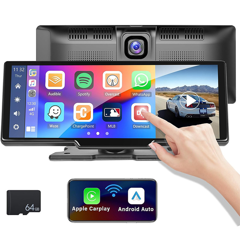 HD Touch 10.26 Car CarPlay & Android Auto Video Monitor Navigation, Mirror Link, 64GB DVR, 1080p Front & Rearview Vehicle Cameras
