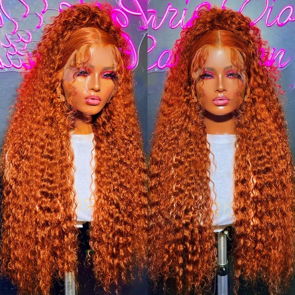 40 Inch Ginger Orange Deep Wave Human Hair 13X6 HD Transparent Frontal Wig 220 Density Curly Colored Lace Front Wigs