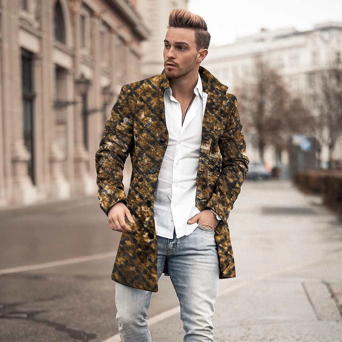 2023 Longfengni 3D Printing Mid Length Coat Pocket Fashion Casual European and American Autumn Winter Mens Jacket S5XL 241220
