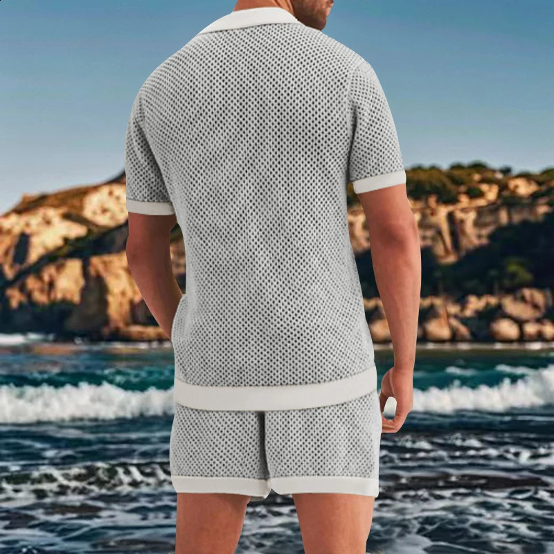 Seaside Beach Sexy Two Piece Sets Mens Fashion Hollow Out Breathable Mesh Shirts And Shorts Suits Men Daily Leisure Mesh Outfits 241226