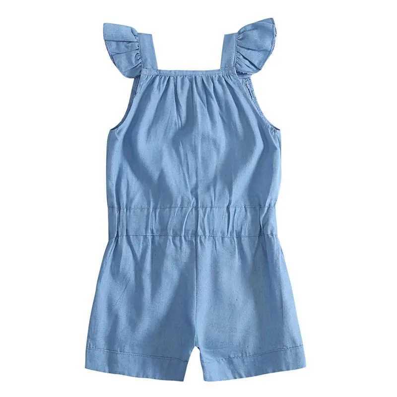 Children girls summer clothing jumpsuit denim blue cotton washed jeans sleeveless bow jumpsuit W241227