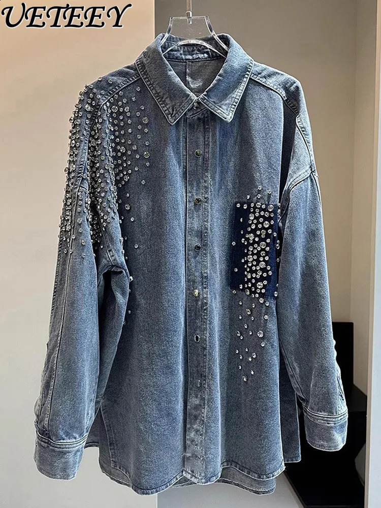 High Street Heavy Industry Rhinestone Blue Denim Jacket Shirt Loose Casual Jean Jacket Spring Autumn Womens Clothing 241223