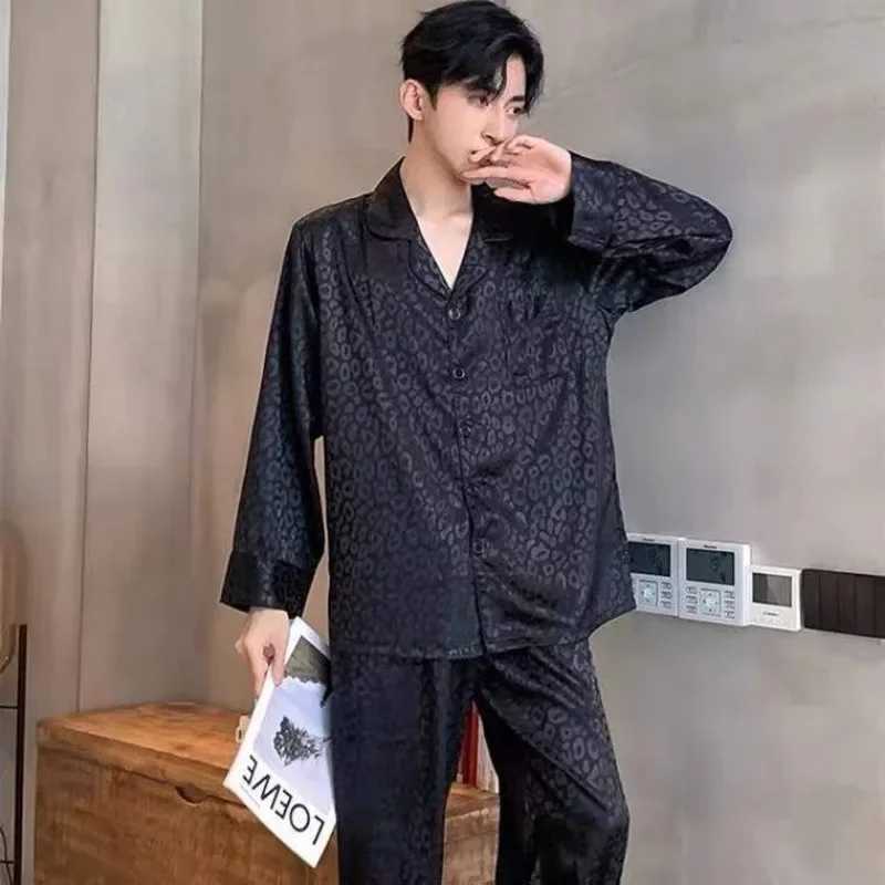 Pajamas men Spring and Autumn Long sleeve Thin ice silk Large size Spring and summer Leopard print cardigan loungewear two-pieceXJ241227