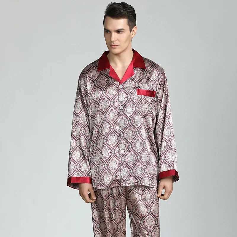 Silk Satin Pajamas for Men Sleepwear Cozy Soft Print Long Sleeve Nightgown Tops+ Trousers Two Pieces Mens Pajama SetXJ241227