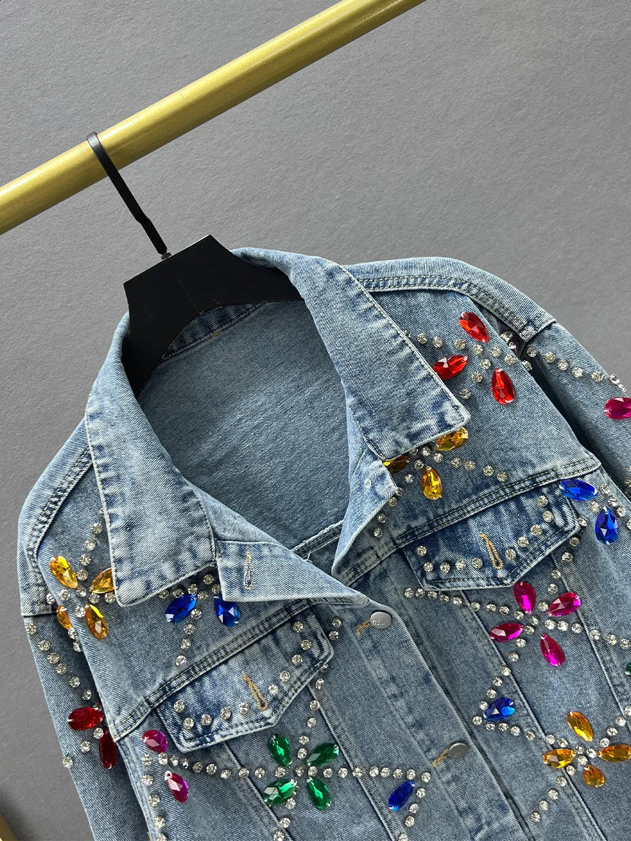 Exquisite Rhinestone Denim Jacket for Women Spring Autumn Loose Trenddy Long Sleeve Top Blue Single Breasted Coats 241223